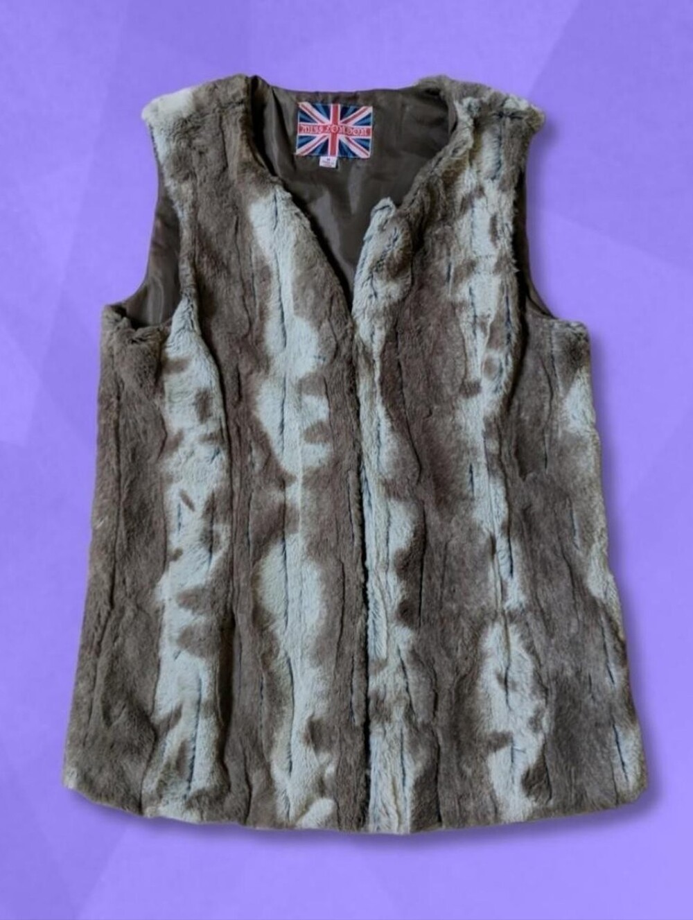 Miss London Faux Fur Vest - Grey, White - Size M